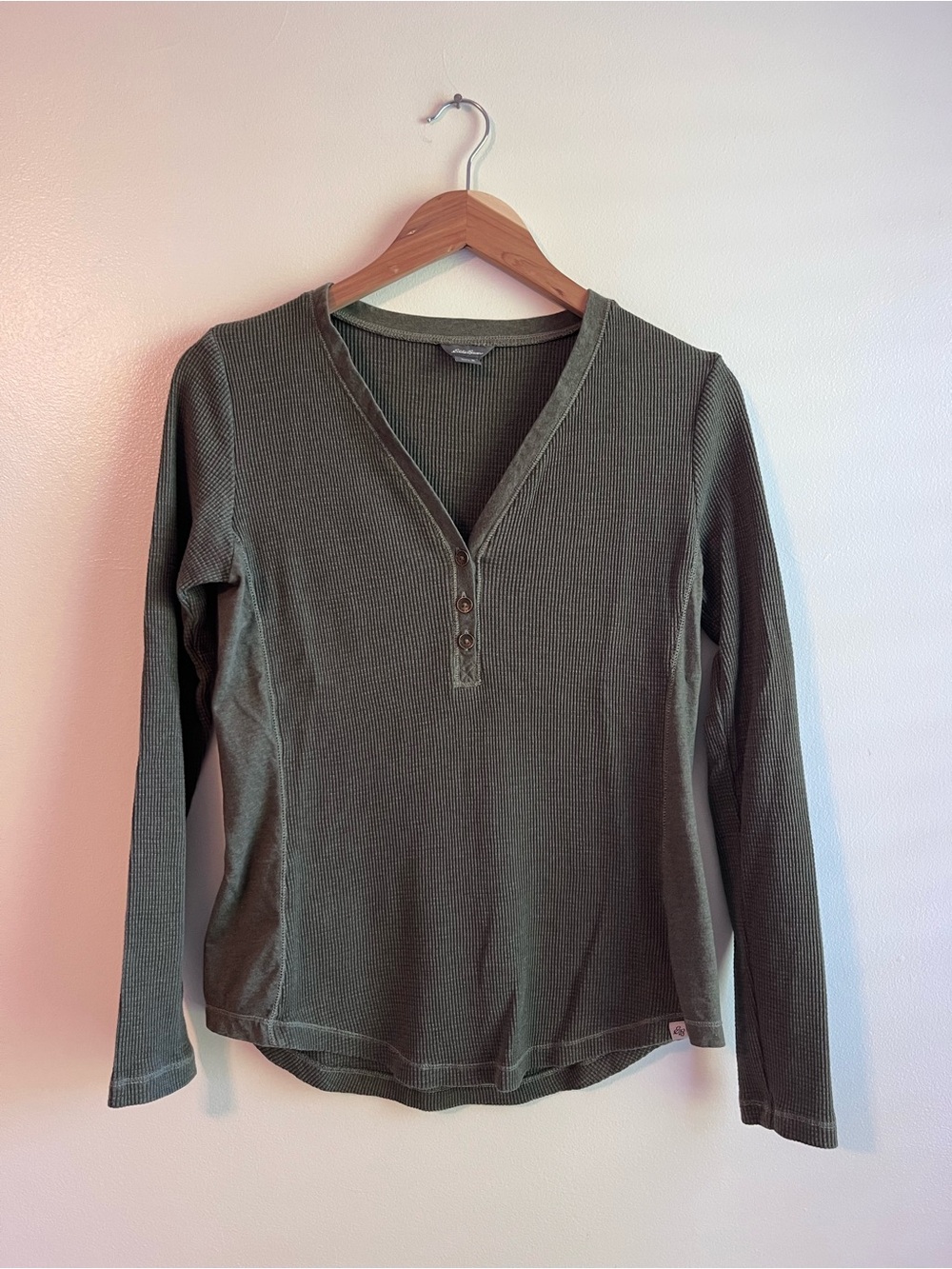 Eddie Bauer Olive Green Waffle Henley Long Sleeve Top